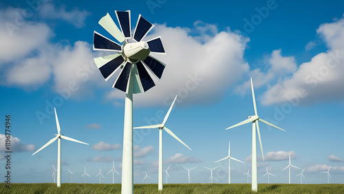 wind turbine in the field,blue sky windmil plant,Blue Sky Windmill with White Modern Design for Maximum Energy Production,high energy production windmil