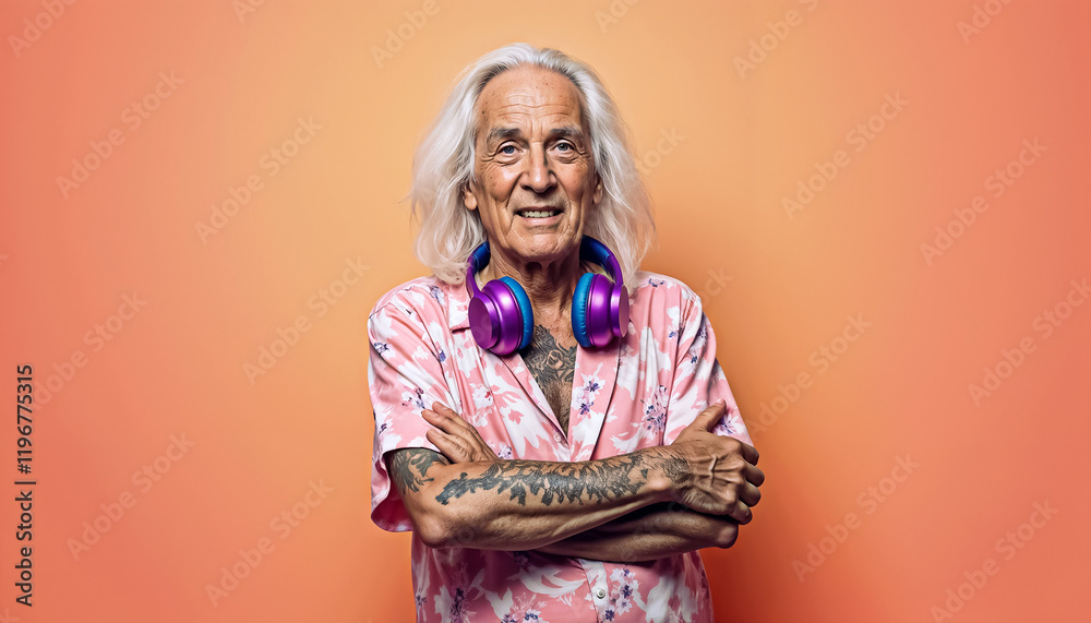 Obraz premium Flamboyant Elderly Man with Vibrant Style and Purple Headphones