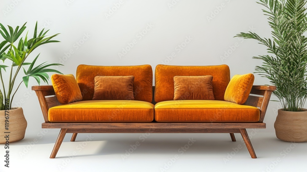 Fototapeta premium Mid-Century Modern Orange Velvet Sofa with Wooden Frame in Minimalist Interior