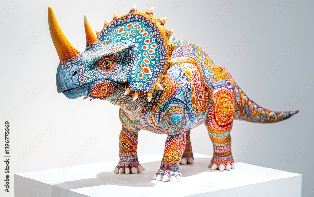 Obraz premium A vibrant Triceratops standing confidently, with intricate skin patterns, displayed on a bright white surface