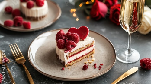 A couple sharing dessert in a romantic Valentine's Day setting, with a slice of heart-shaped cake and champagne.