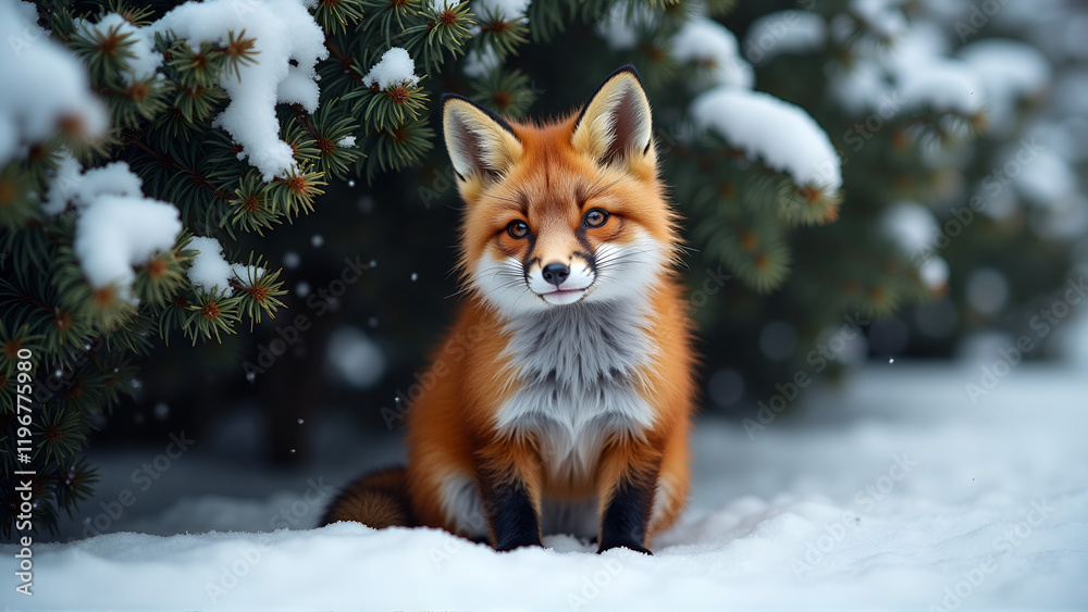Alert Red Fox in Snowy Forest Setting Alert Red Fox in Snowy Forest Setting