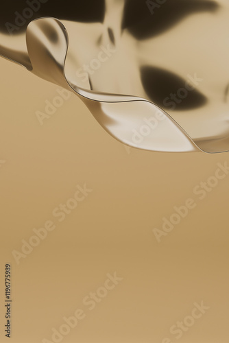 Abstract three dimensional rendering of smooth metallic fabric flowing in a soft beige background