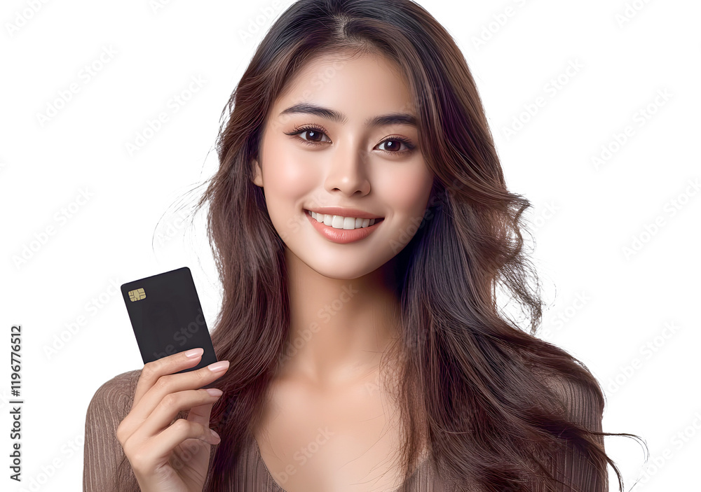 Asian woman holding a credit card and smiling proudly Asian woman holding a credit card and smiling proudly