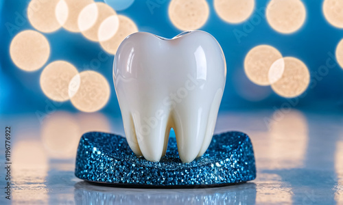 A close-up of a glossy, pristine white tooth placed on a sparkling, glittery surface against a bokehfilled blue background photo