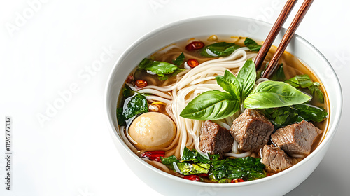 top shot of a bowl of Pho meet ball and Beef Noodle with leamon grass leaf, white background photo