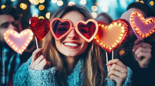 A festive Valentine's Day gathering with a photo booth featuring props like heart-shaped glasses and love signs.