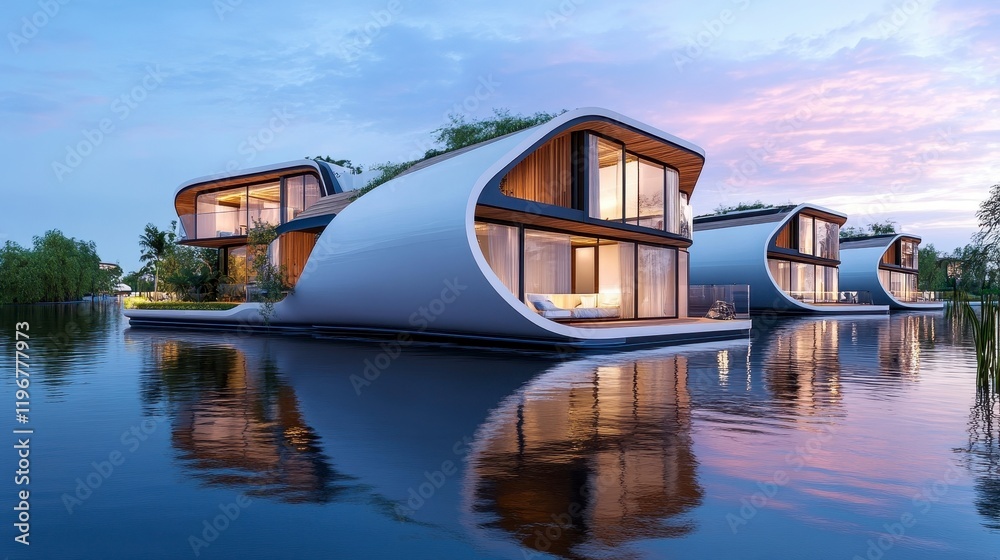 Obraz premium Modern Floating Houses on Calm Water at Sunset with Scenic Reflection