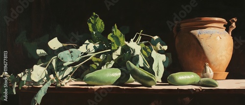 Still life arrangement highlighting fresh fava beans and their vibrant green pods