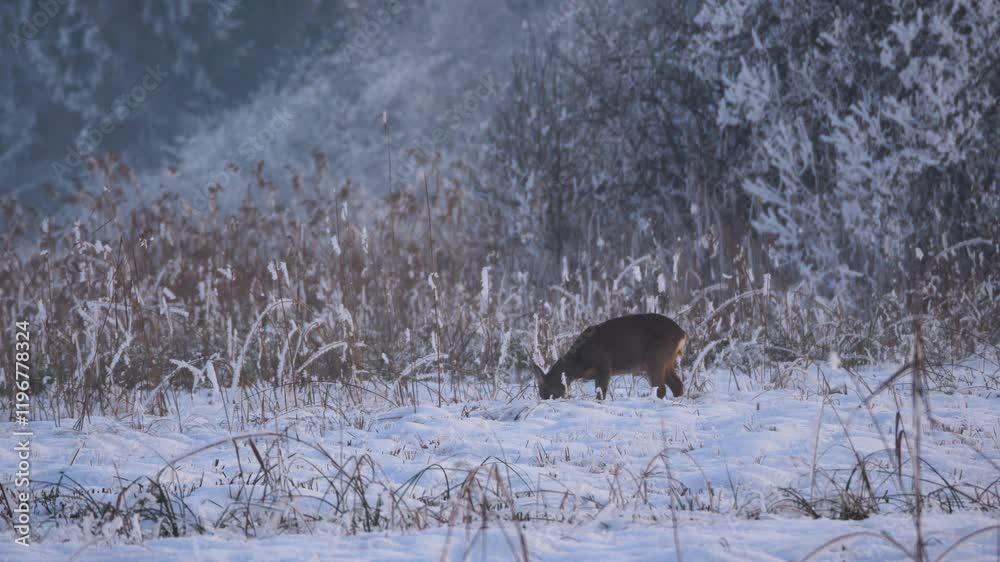 Cute deer looks directly into the camera in a winter landscape after looking for food. The sun goes down and everything is white. Everything is covered in snow. Winter wonderland Cute deer looks directly into the camera in a winter landscape after looking for food. The sun goes down and everything is white. Everything is covered in snow. Winter wonderland