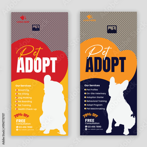 Pet adoption grack card, DL flyer, leaflet, and handbill design template