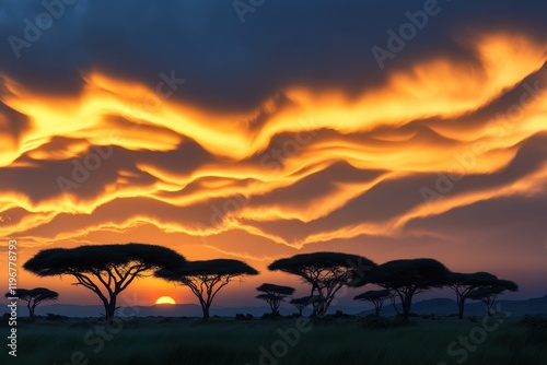 Breathtaking Sunset Over Silhouetted Acacia Trees with Dramatic Cloud Formation and Vibrant Orange Sky in a Wilderness Landscape