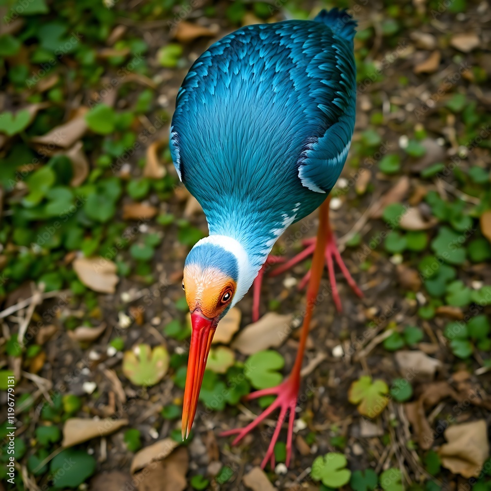 Naklejka premium Vibrant blue bird with orange beak and legs on ground.