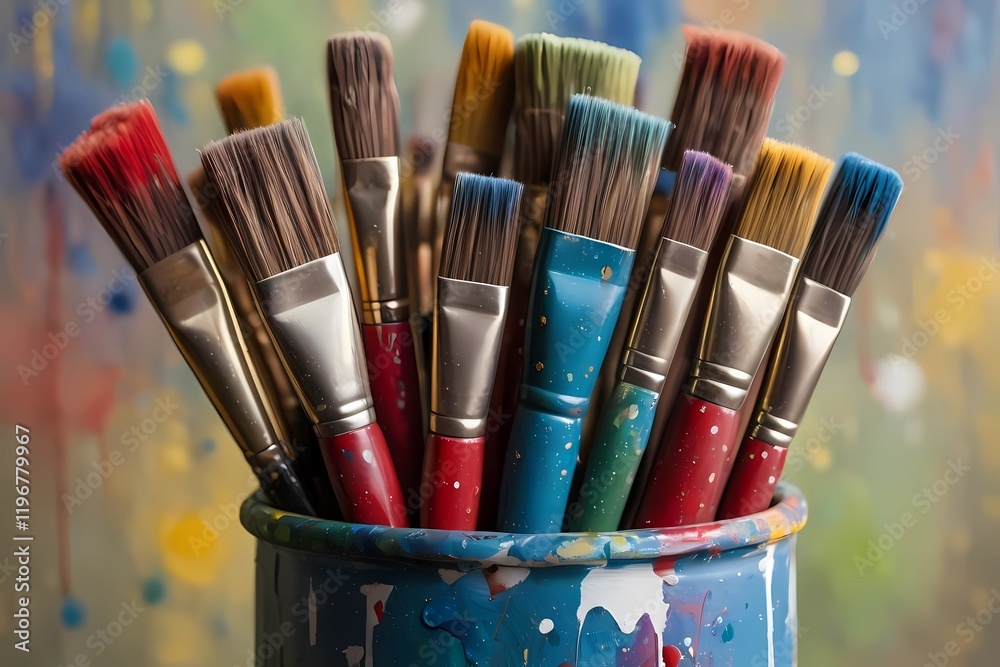 Fototapeta premium Diverse Paintbrushes Arranged in a Pot on a Table, With a Colorful Backdrop, Showcasing Essential Tools for Artistic Exploration