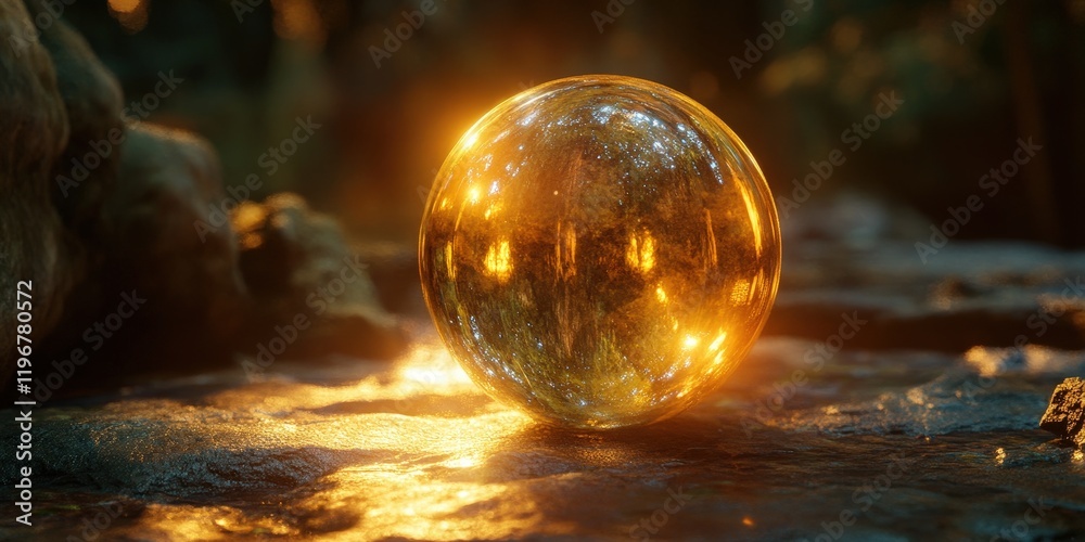 A crystal ball glowing with mystical reflections in a dark setting