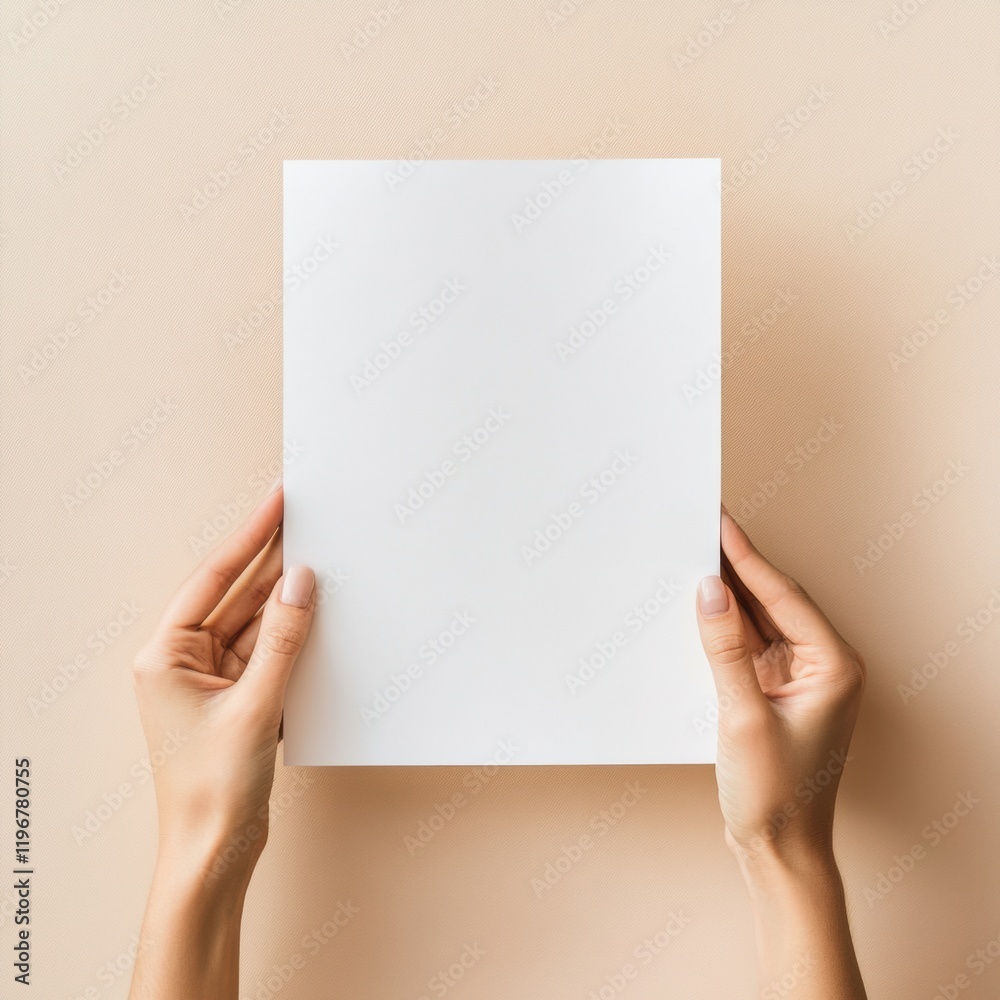 Holding a blank sheet of paper for creative ideas in a neutral workspace with ample copy space for content placement. Generative AI Holding a blank sheet of paper for creative ideas in a neutral workspace with ample copy space for content placement. Generative AI
