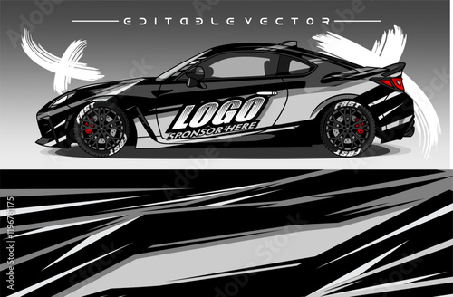 Illustration vector grahic of Car wrap decal with abstract design. Black white colour. Livery car editable. Mockup template sticker vinyl for racing, rally, or daily use.