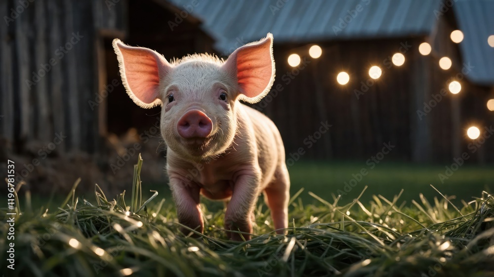 A playful piglet running through grass with a rustic barn backdrop and soft lights. A playful piglet running through grass with a rustic barn backdrop and soft lights.