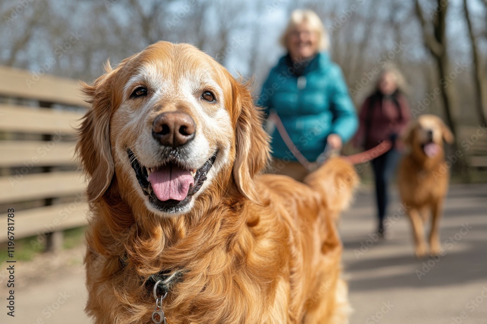 Obraz premium Woman and men are walking a dog. dog is a golden retriever and is smiling, happy dog on a walk in the daytime