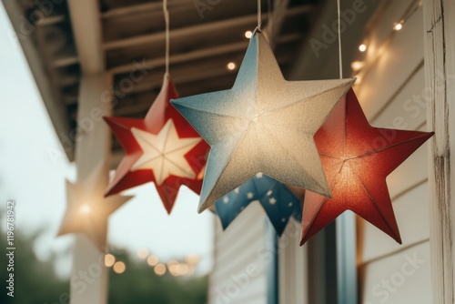 Vibrant star-shaped lanterns in red, white, and blue hang cheerfully from a porch during U.S. Independence Day festivities, adding charm to a warm summer night photo