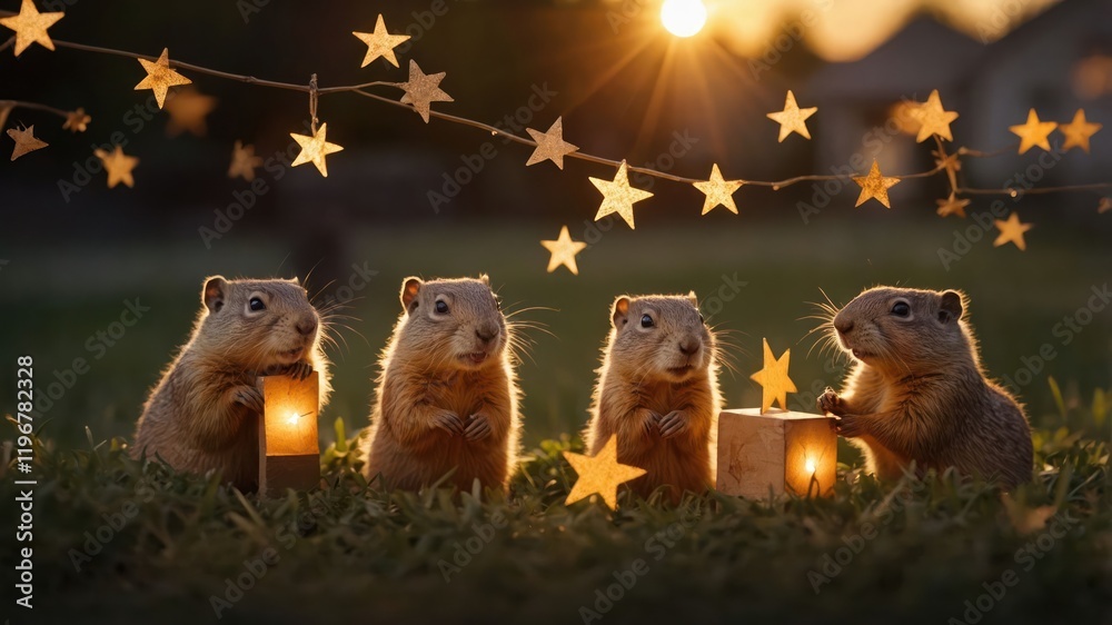 Obraz premium Four cute animals surrounded by stars and lanterns at sunset, creating a whimsical scene.