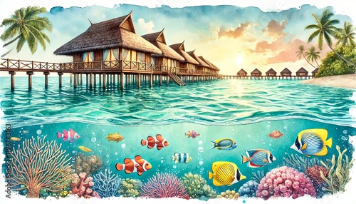 Overwater Bungalows and Tropical Coral Reef.