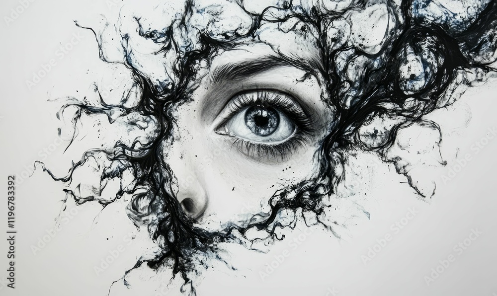 Fototapeta premium Abstract grayscale eye, swirling dark shapes.