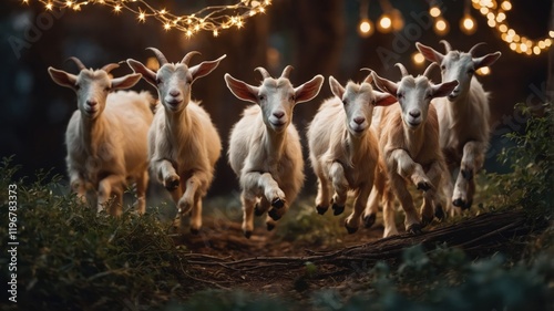 A group of playful goats running through a forest, illuminated by string lights.