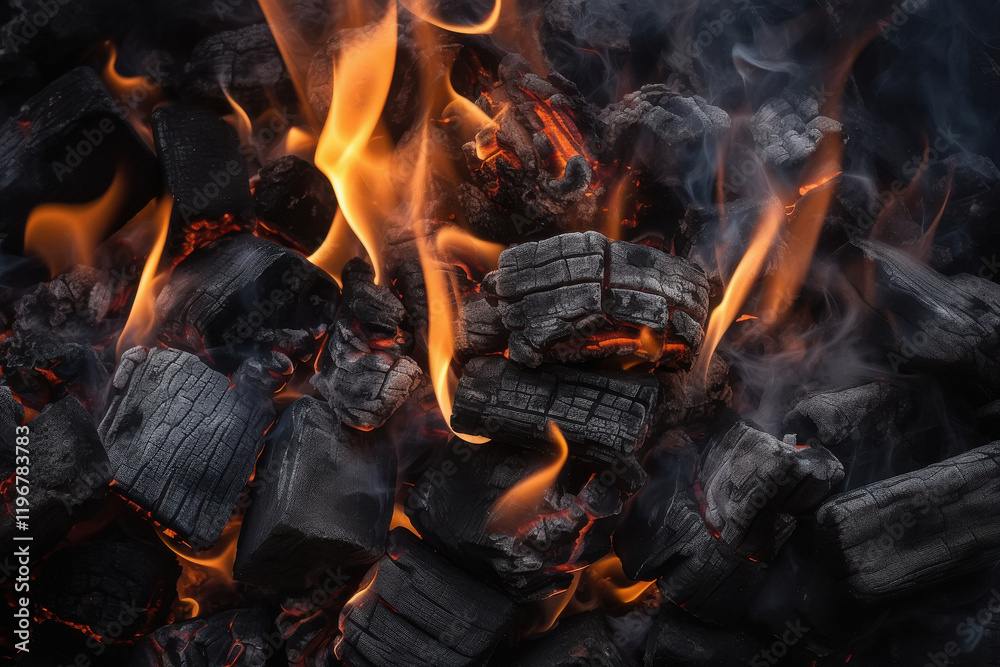 Charcoal For Barbecue Background With Flames Charcoal For Barbecue Background With Flames