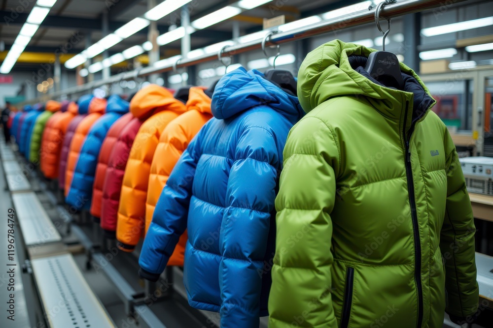Colorful Down Jackets Hanging in a Row Winter Apparel Factory Production Clothing Manufacturing Colorful Down Jackets Hanging in a Row Winter Apparel Factory Production Clothing Manufacturing