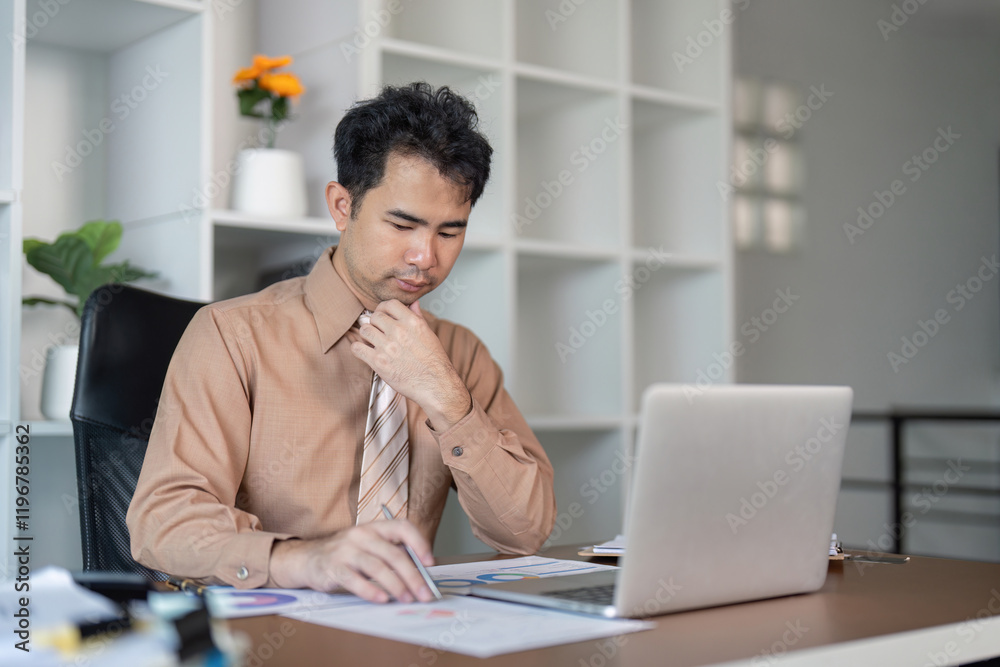 Businessman deep in thought while analyzing data on laptop in office Businessman deep in thought while analyzing data on laptop in office