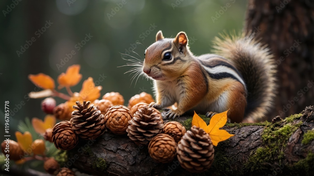 Obraz premium A chipmunk on a mossy log surrounded by pine cones and autumn leaves in a forest setting.