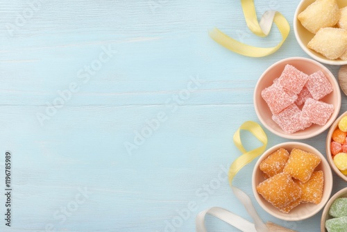 Pastel Confectionery Array Assorted Sugar-Coated Candy in Ceramics on Wooden Surface - Modern Event Decor and Visual Merchandising for Youthful, Colorful Celebrations photo