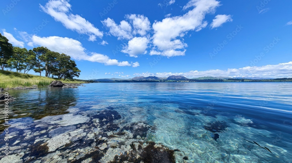 Serene Lake Shore with Clear Water Serene Lake Shore with Clear Water