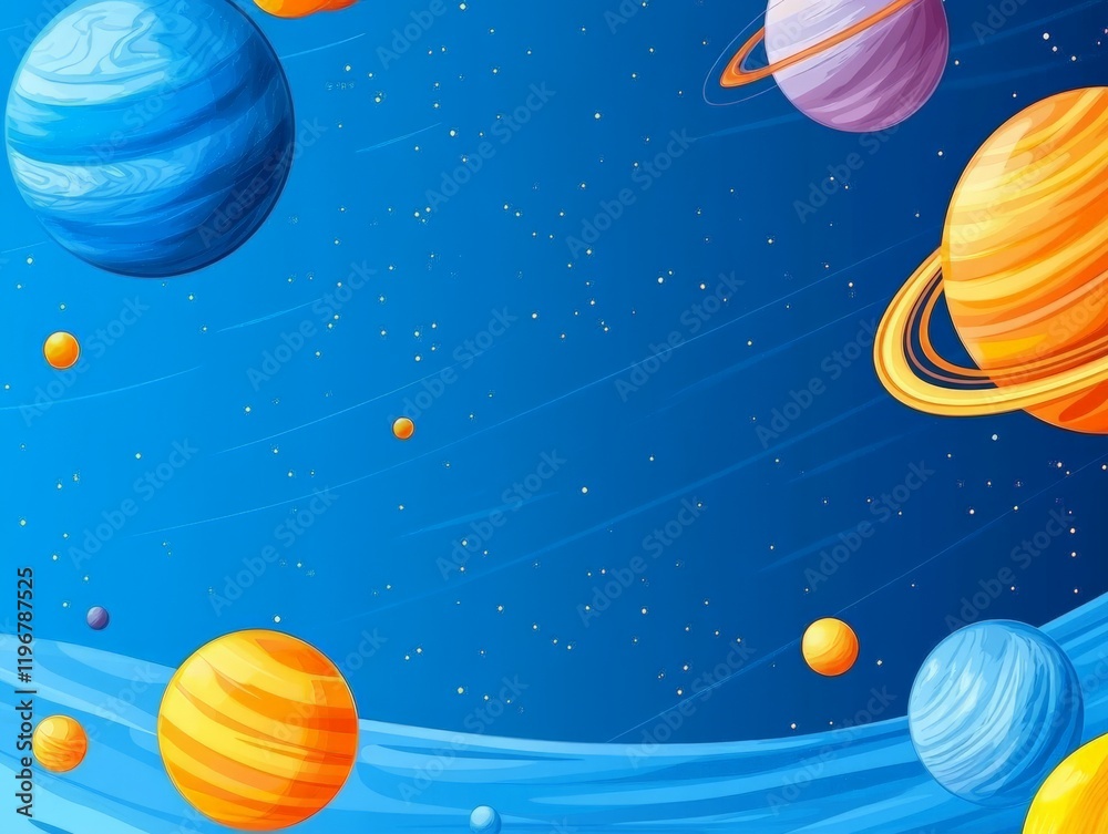 Naklejka premium Artistic depiction of colorful planets with abstract orbits against a gradient blue background designed for creative space themes futuristic visuals or astronomy education