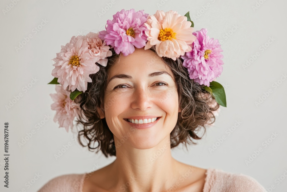 Cheerful Woman Posing with Flower Crown, Radiating Joy and Natural Beauty in Soft Light, Showcasing Lush Floral Arrangement and Fresh Vibes Cheerful Woman Posing with Flower Crown, Radiating Joy and Natural Beauty in Soft Light, Showcasing Lush Floral Arrangement and Fresh Vibes