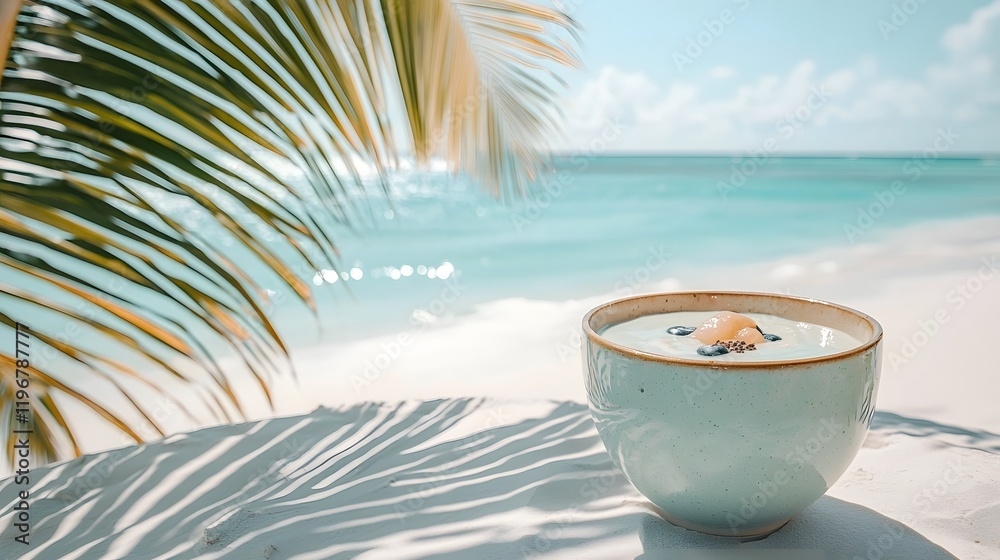Obraz premium Refreshing tropical fruit smoothie bowl set against a serene turquoise ocean landscape with swaying palm leaves Healthy vibrant and rejuvenating ocean inspired scene