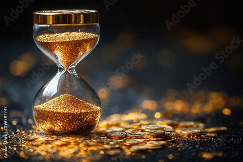 crystal hourglass with golden coins flowing like sand symbolizing time value of money against dark luxurious background photo