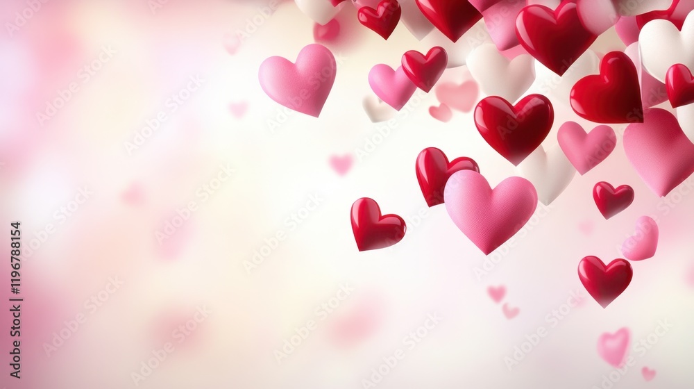 A whimsical Valentine's Day background with pink and red hearts falling against a soft, blurred backdrop. A whimsical Valentine's Day background with pink and red hearts falling against a soft, blurred backdrop.