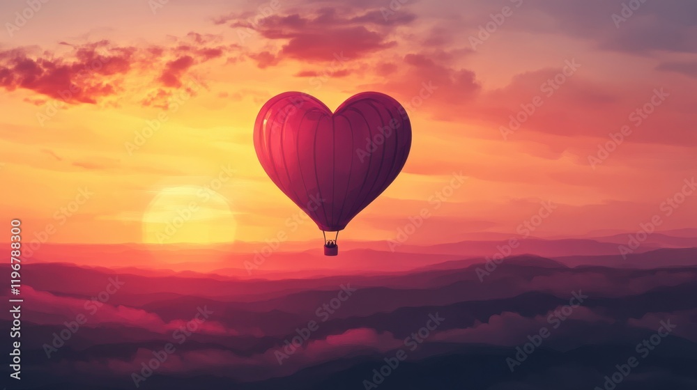 Obraz premium A whimsical Valentine's Day illustration of a heart-shaped hot air balloon flying over a scenic sunset.