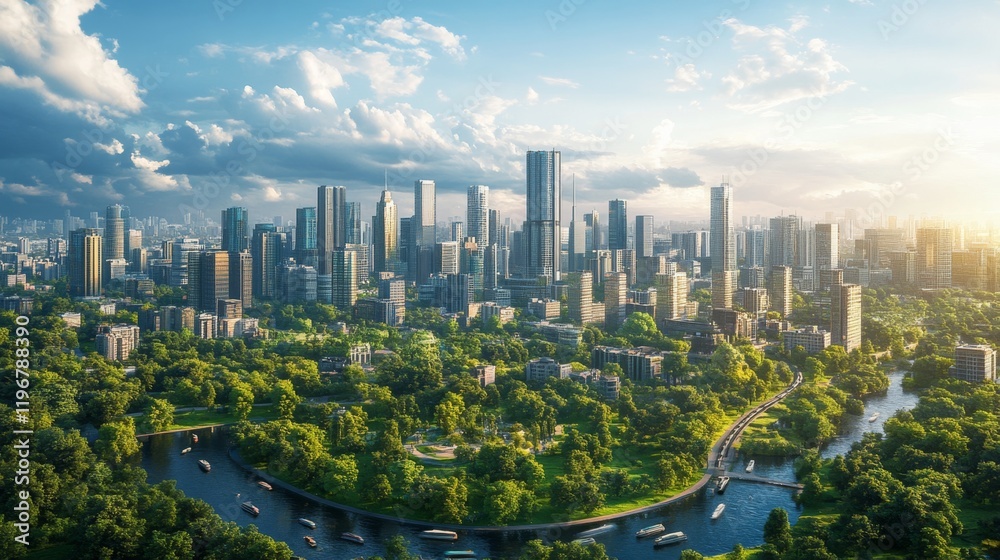 Fototapeta premium Urban skyline with lush greenery and a winding river at dusk