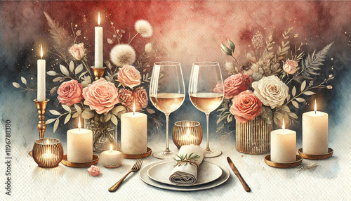 Elegant Candlelit Dinner with Roses and Wine.