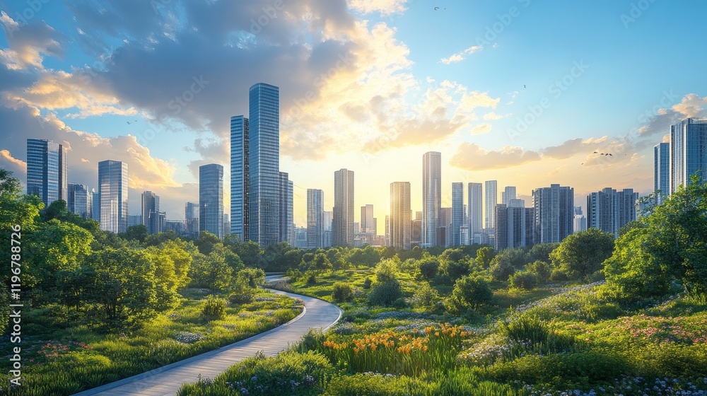 Obraz premium Urban landscape with a vibrant sunset illuminating modern skyscrapers and lush greenery in the foreground