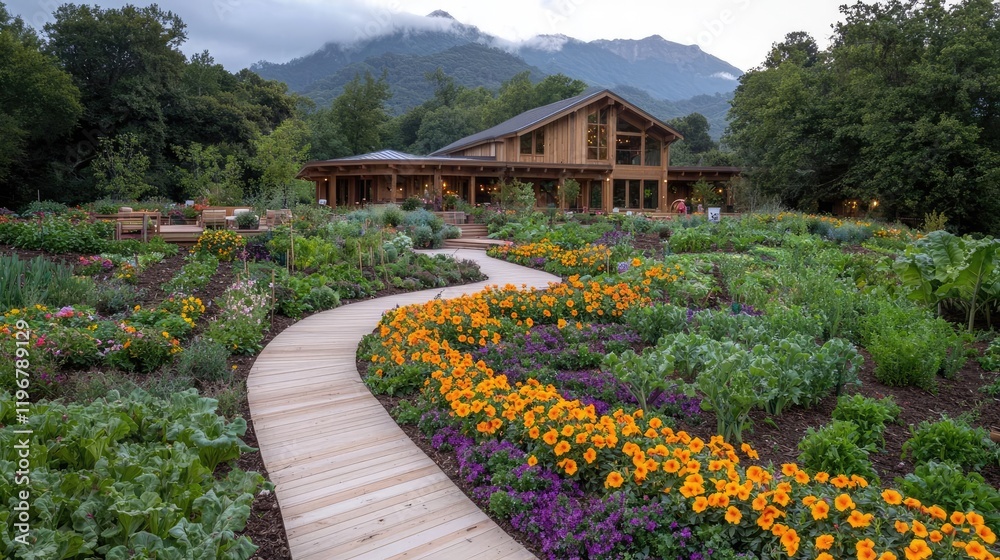 Obraz premium A winding wooden boardwalk path leads through a vibrant flower and vegetable garden toward a rustic wooden lodge nestled in the mountains under a cloudy sky.