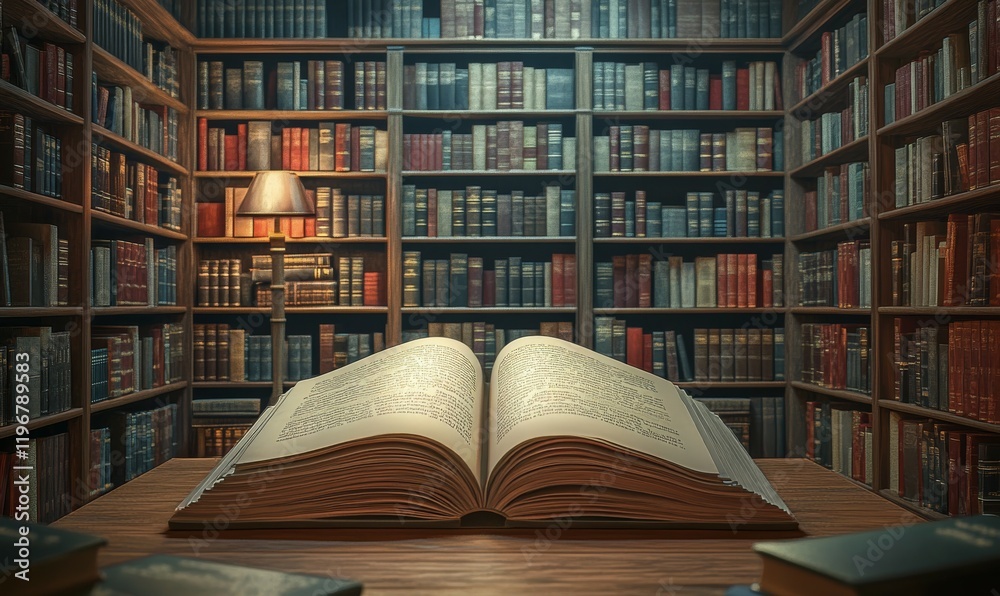 Book in library with old open textbook, stack piles of literature text archive on reading desk, and aisle of bookshelves in school study class room background for academic education learning concept
