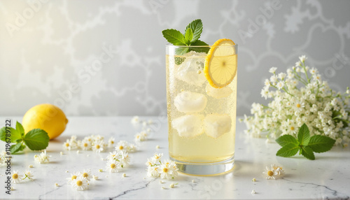 Photorealistic elderflower cordial drink, crisp and refreshing lighting, sparkling water on marble countertop with copy space