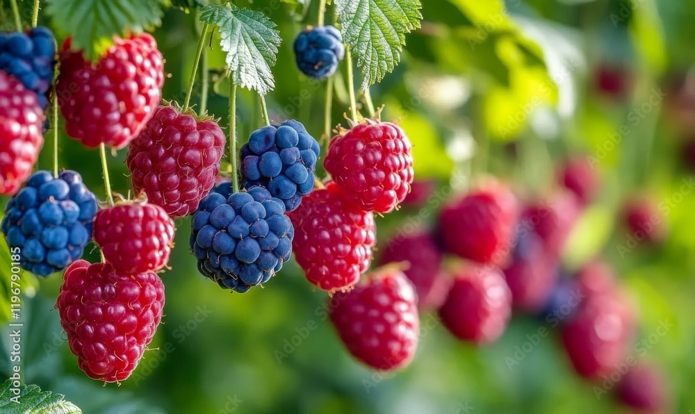Blueberries and raspberries growing in a lush garden amidst greenery, greenery, bushes, harvest Blueberries and raspberries growing in a lush garden amidst greenery, greenery, bushes, harvest