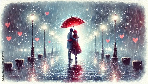 Romantic Couple Under Red Umbrella in Rain.