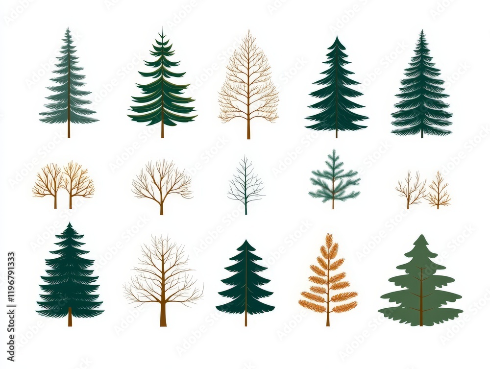 Detailed illustration of various evergreen and deciduous tree types with diverse foliage patterns vibrant textures and seasonal changes for nature and botanical studies Detailed illustration of various evergreen and deciduous tree types with diverse foliage patterns vibrant textures and seasonal changes for nature and botanical studies