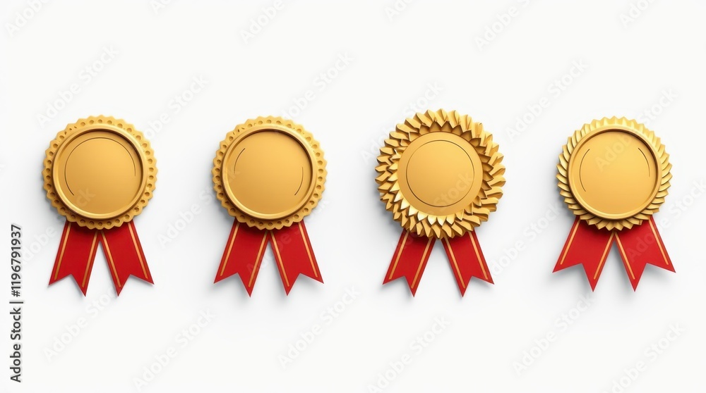 Set of four different, distinct award medals with different ribbons, different elegant decorative elements. Different designs should emphasize premium, with bright colors and different decorations, sy Set of four different, distinct award medals with different ribbons, different elegant decorative elements. Different designs should emphasize premium, with bright colors and different decorations, sy
